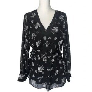 LANE BRYANT - Womens Blouse Black Floral V Neck Long Sleeve Plus Size